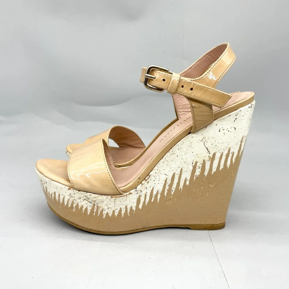 Stuart Weitzman Womens 8M Single Sky Cork Wedge Tan Patent Leather Heels Boho - Picture 4 of 12